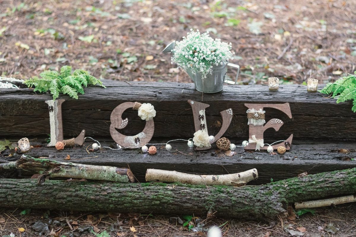 Rustic wooden LOVE letters set on a log with small white flowers