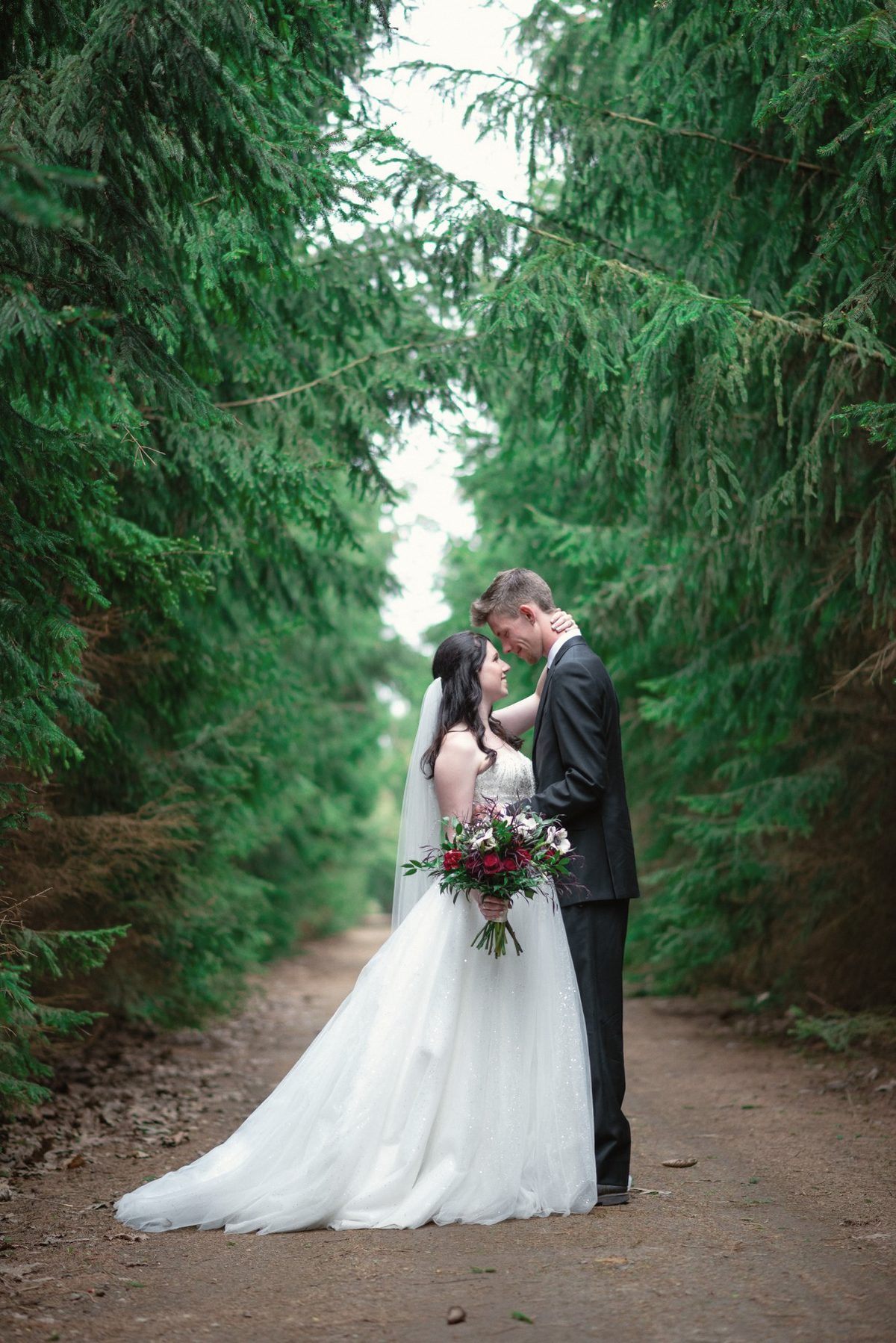 Bride and groom kissing in a narrow lane lined with tall evergreens
